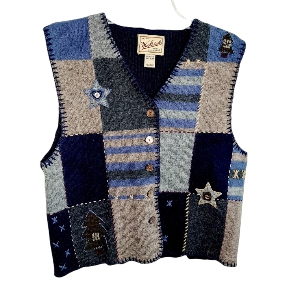 Vintage Woolrich 100% Wool Christmas Sweater Vest Cardigan Patchwork Medium EUC